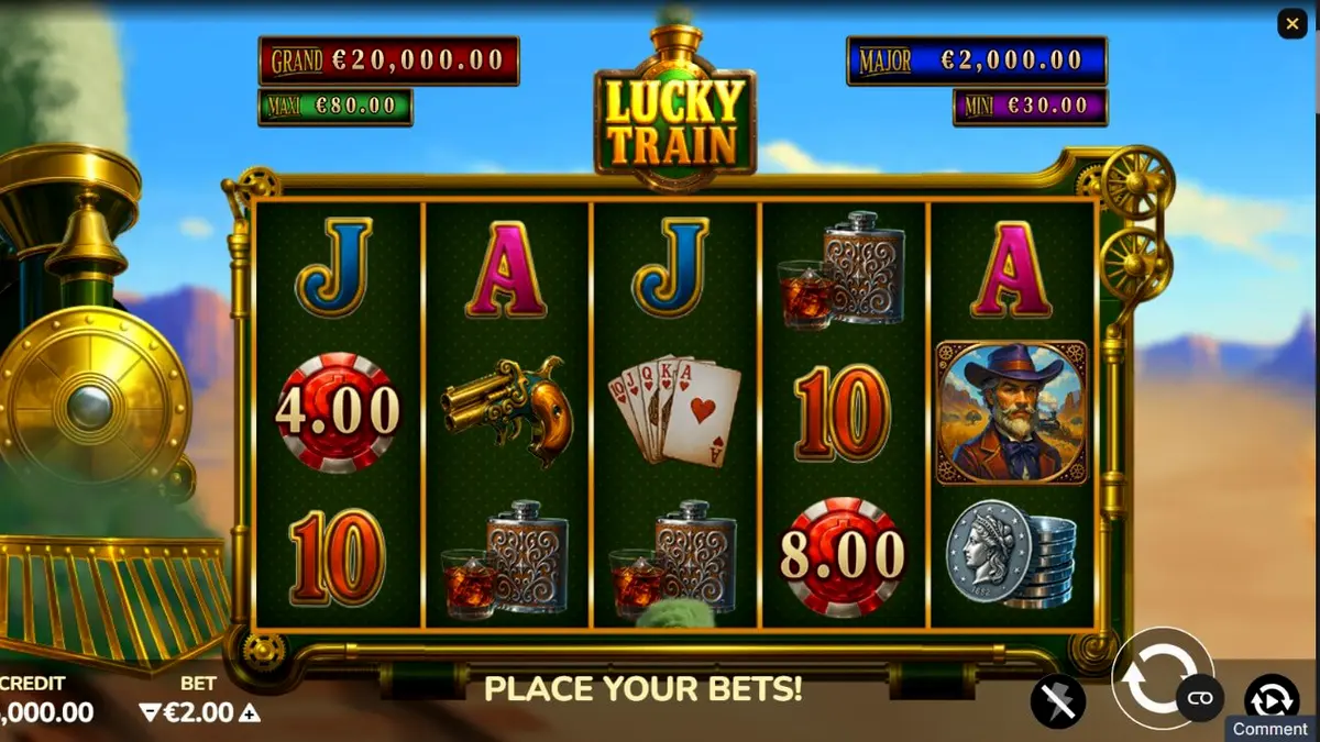 Tampilan layar slot Lucky Train dengan tema steampunk dan Wild West di perangkat seluler